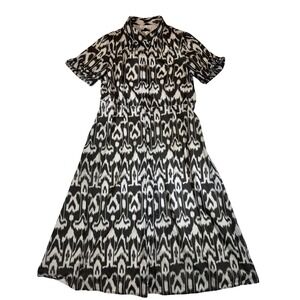 Talbots Women's Size 14 Black White Ikat Print Button Front Shirt Dress Midi